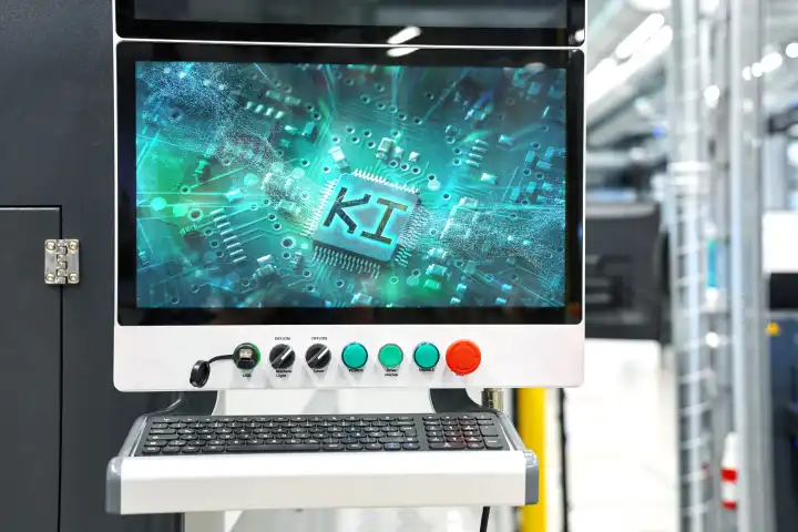 Symbolfoto Künstliche Intelligenz in der Industrie. Auf dem Bildschirm einer Maschine ist eine Computerplatine mit Aufschrift Ki. FOTOMONTAGE