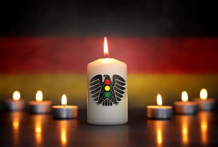 April 24, 2024: Symbolic photo of the end of the traffic light government consisting of SPD, FDP and Bündnis 90 die Grünen. A burning candle with a federal eagle and traffic light symbol in front of a German flag. PHOTOMONTAGE