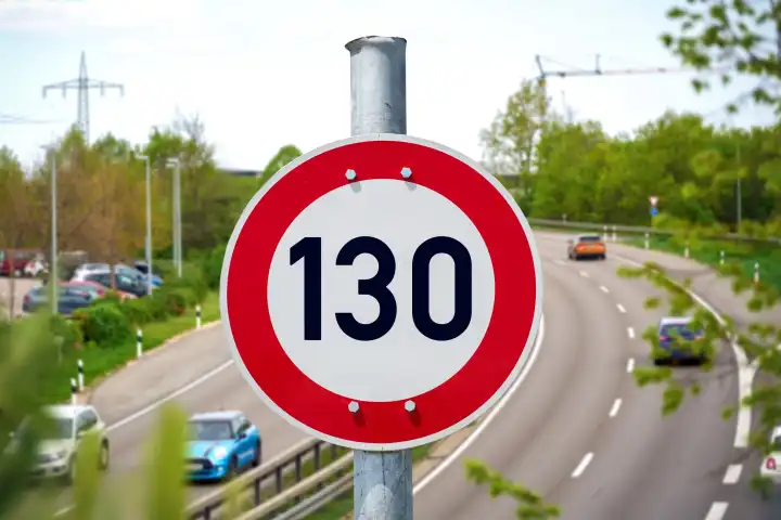 April 25, 2024: Speed limit on highways, traffic sign with maximum speed 130 km/h in front of a highway. PHOTOMONTAGE