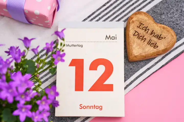 Augsburg, Bavaria, Germany - April 25, 2024: Mother's Day, calendar page with date May 12 and a heart with inscription: I love you