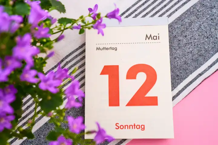 Augsburg, Bavaria, Germany - April 25, 2024: Mother's Day, calendar page with date May 12