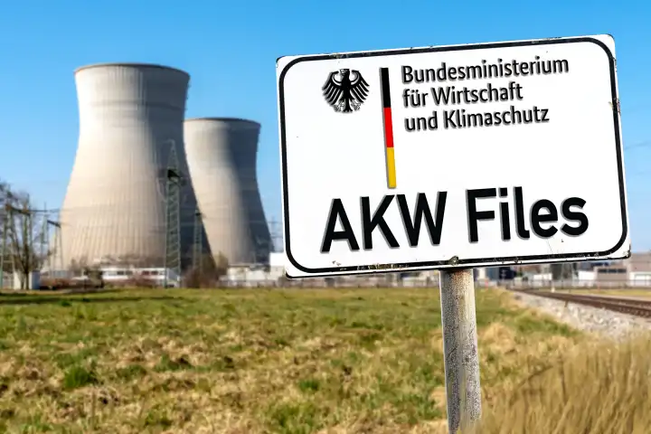 Symbolfoto AKW-Files um den Atomausstieg bzw. Abschaltung der Atomkraftwerke der Bundesrepublik Deutschland. Schild mit Aufschrift AKW Files. FOTOMONTAGE