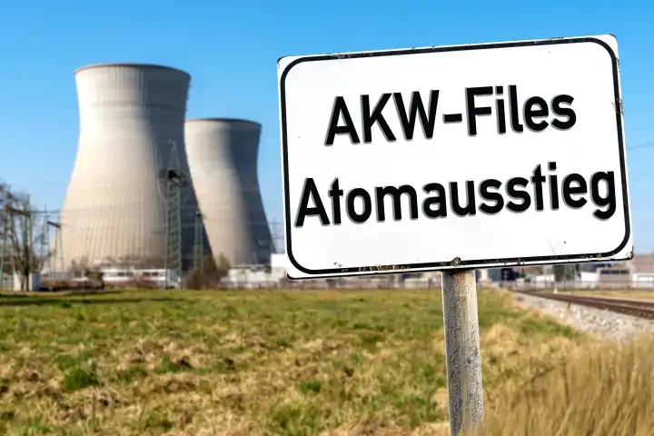 Symbolfoto AKW-Files um den Atomausstieg bzw. Abschaltung der Atomkraftwerke der Bundesrepublik Deutschland. Schild mit Aufschrift AKW Files. FOTOMONTAGE