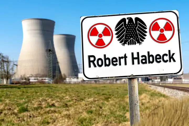 Symbolfoto AKW-Files um den Atomausstieg bzw. Abschaltung der Atomkraftwerke der Bundesrepublik Deutschland. Schild mit Aufschrift Robert Habeck. FOTOMONTAGE