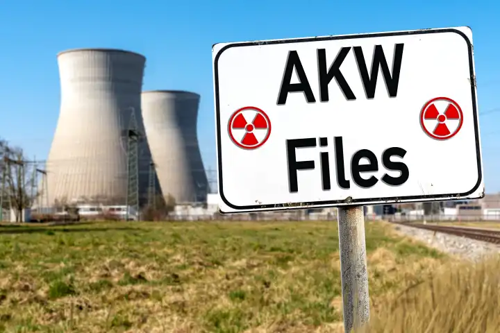 26 April 2024: Symbolic photo of nuclear power plant files on the nuclear phase-out or shutdown of nuclear power plants in the Federal Republic of Germany. Sign with the inscription AKW Files. PHOTOMONTAGE