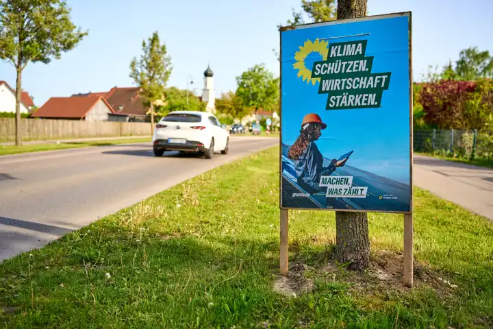 Wahlplakate zur Europawahl 2024. Die Partei Bündnis 90 die Grünen werben mit Plakaten auf Holzschildern 
