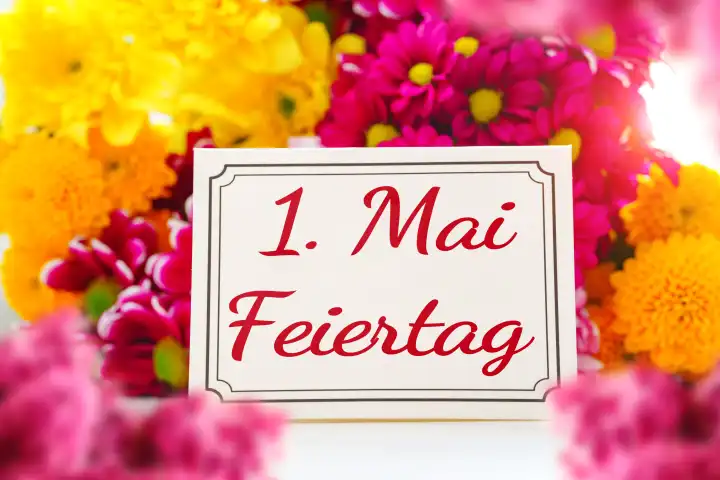 1 Mai Feiertag, Schriftzug auf einer Grußkarte vor bunten Blumen. FOTOMONTAGE