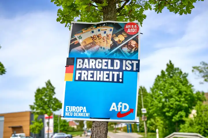 Stettenhofen, Bavaria, Germany - April 30, 2024: Election poster for the 2024 European elections of the AfD Alternative for Germany party with the slogan: Cash is freedom