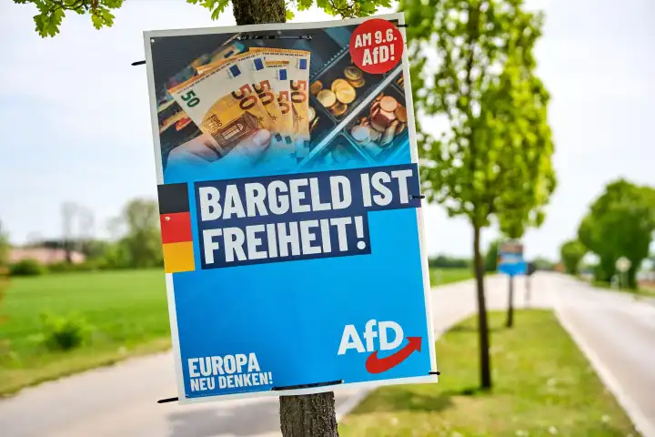 Wahlplakat zur Europawahl 2024 der Partei AfD Alternative für Deutschland mit dem Slogan: Bargeld ist Freiheit