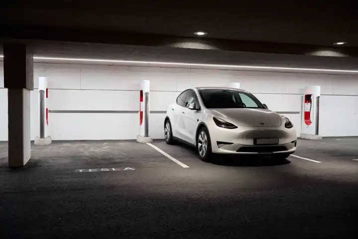 Tesla Model Y an einem Tesla Supercharger. Ladesäule zum Schnelladen von E-Autos