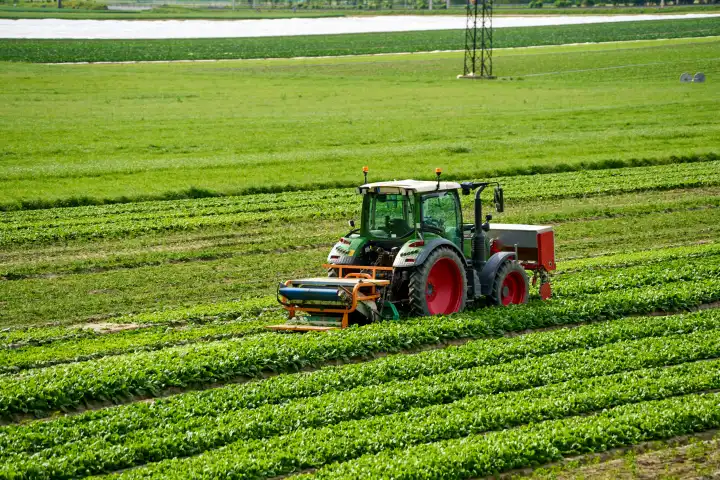 Traktor mit landwirtschaftlichem Gerät auf einem Acker Anbau Feld. Landwirt bei der Arbeit
