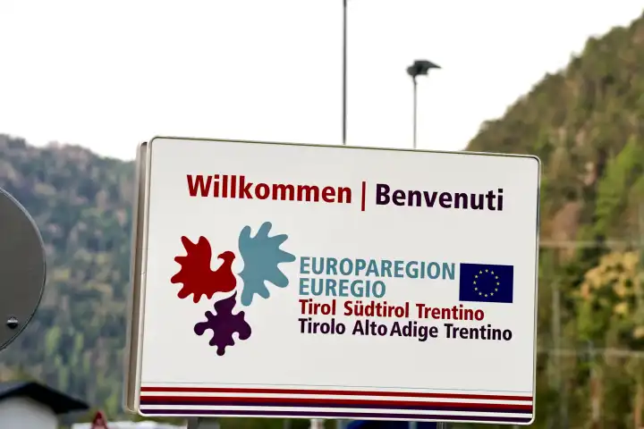 South Tyrol Trentino, Italy - 01 May 2024: Sign Welcome to the European Region Tyrol South Tyrol Trentino