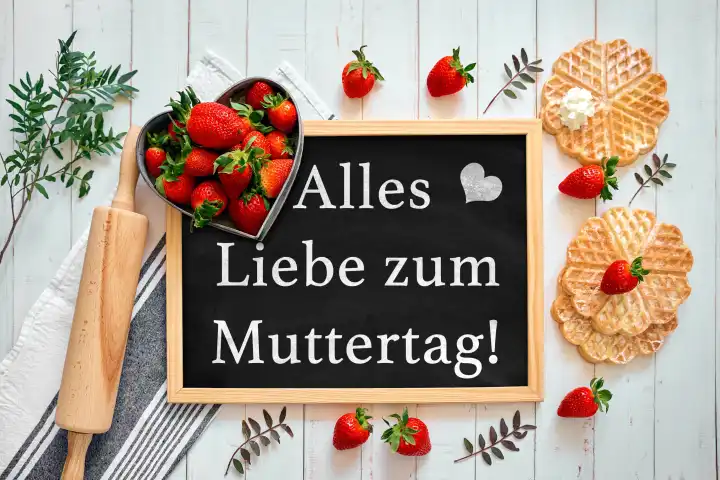 Alles Liebe zum Muttertag! Schriftzug auf einer Tafel neben frischen Erdbeeren und gebackenen Waffeln. FOTOMONTAGE