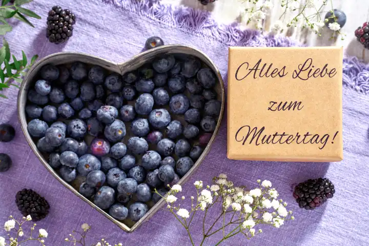 7 May 2024: Mother's Day decoration in purple with blueberries and a gift with an inscription: All the best for Mother's Day! PHOTOMONTAGE