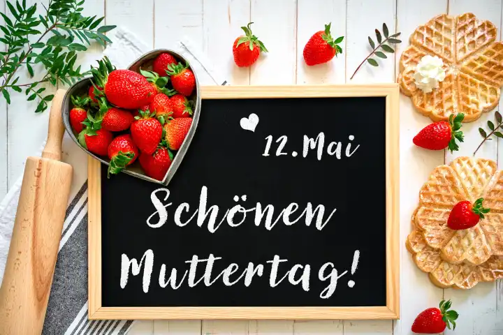 Am 12 Mai ist Muttertag. Tafel zwischen frischen Erdbeeren und gebackenen Waffeln mit dem Gruß: Schönen Muttertag! FOTOMONTAGE