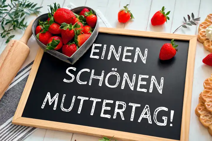Einen schönen Muttertag! Gruß auf einer Tafel mit Herz Deko und frischen Erdbeeren. FOTOMONTAGE