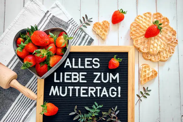 10 May 2024: All the best for Mother's Day! Mother's Day greeting, lettering on a blackboard surrounded by fresh red strawberries and baked waffles. Mother's Day, symbolic image