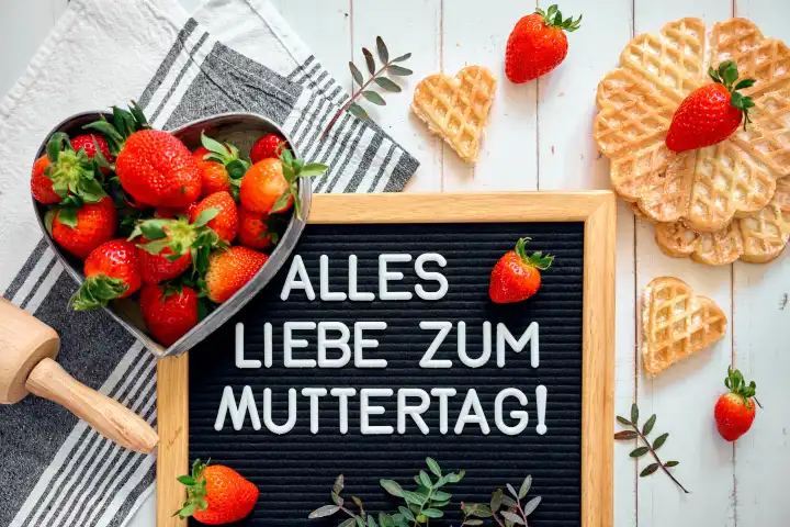 Alles Liebe zum Muttertag! Muttertagsgruß, Schriftzug auf einer Tafel umgeben von frischen roten Erdbeeren und gebackenen Waffeln. Muttertag, Symbolbild