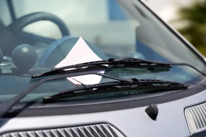 Strafzettel an der Windschutzscheibe von einem Fahrzeug. Falschparker und Bußgeld Konzept