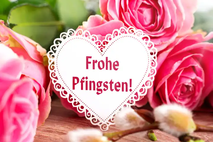 Pfingsten, rosa Rosen bei Sonnenschein mit einem Herz und der Aufschrift: Frohe Pfingsten. FOTOMONTAGE