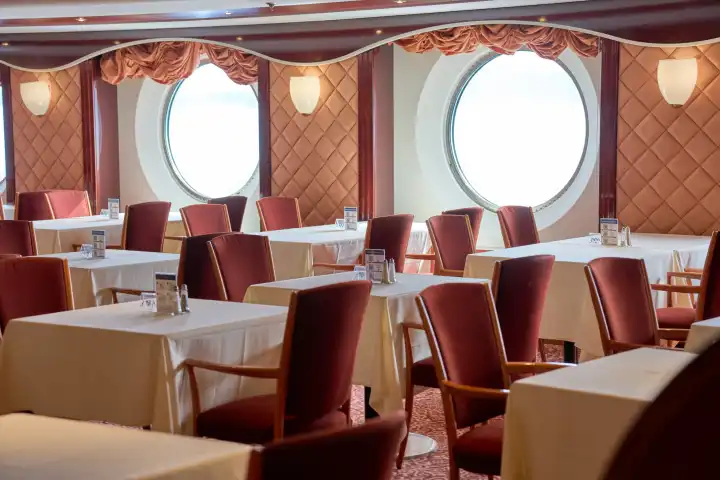 Ein leeres Restaurant mit eleganten Stühlen und Tischen auf einem Kreuzfahrtschiff
