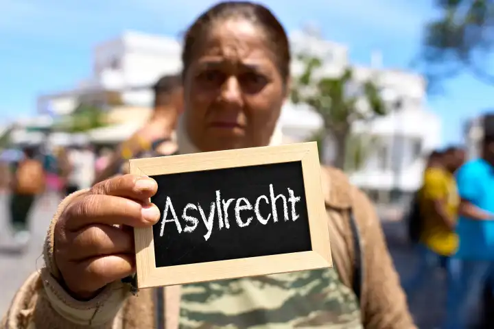 Eine geflüchtete Frau hält eine Tafel mit der Aufschrift: Asylrecht. FOTOMONTAGE