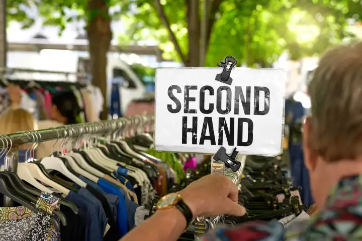 Mann schaut sich Kleidung auf einem Flohmarkt an. Auf dem Schild über den gebrauchten Klamotten der Schriftzug: Second Hand. FOTOMONTAGE