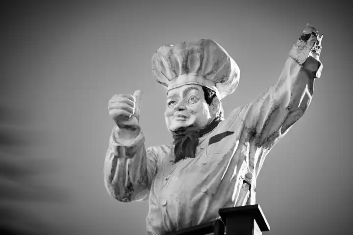 Defekte Figur von einem Koch mit einem Arm. Schwarz Weiß Bild. Symbolbild Gastronomie Krise
