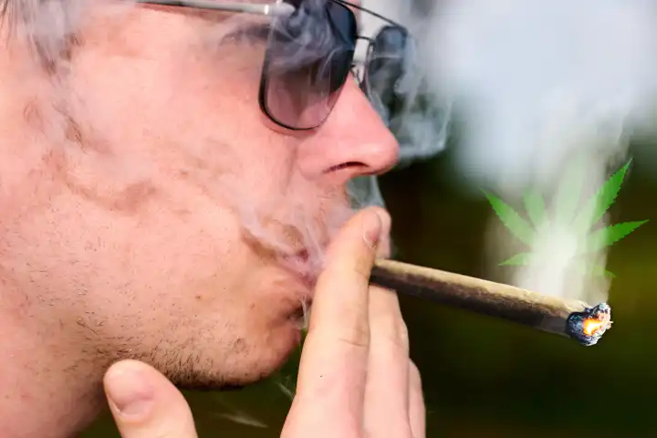 Mann mit Sonnenbrille raucht bzw. kifft einen Joint mit Cannabis - FOTOMONTAGE