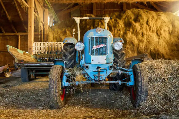 Oltimer Traktor Gebrüder Eicher EM 300 gebaut in den späten 1950er und frühen 1960er Jahren in einer Scheune mit Stroh und Heu auf einem Bauernhof