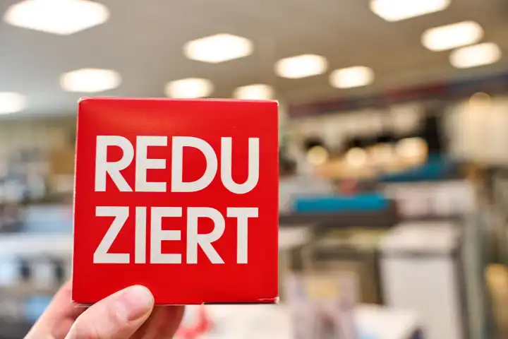 Hand hält einen roten Würfel mit Aufschrift: Reduziert, in einem Geschäft. Rabatte, Werbung und Rabattaktionen im Einzelhandel Konzept