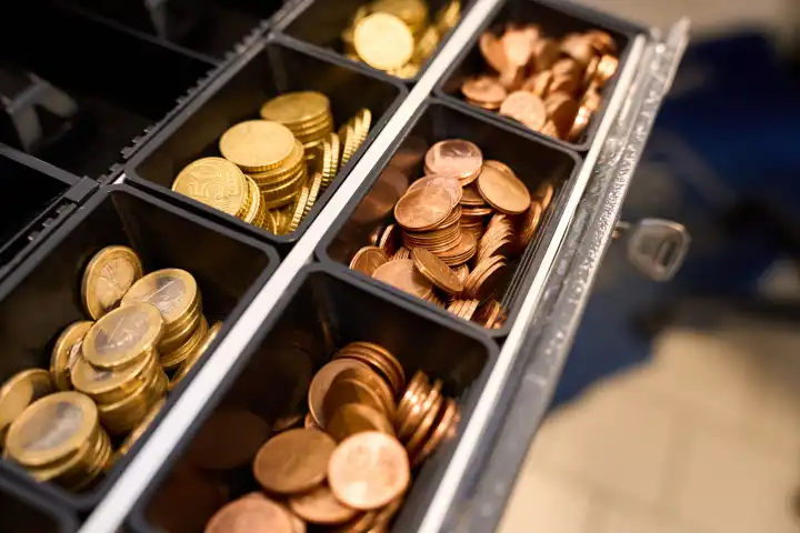 Münzgeld, Euro Bargeld Münzen in der Kasse von einem Geschäft. Kleingeld