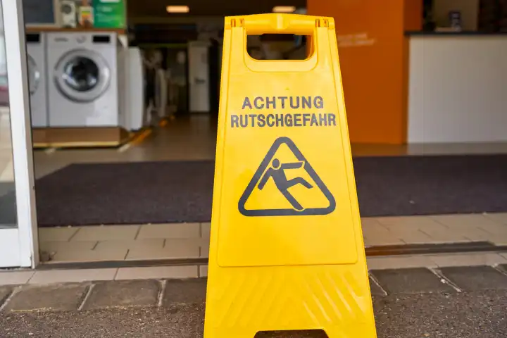 Schild: Achtung Rutschgefahr! vor dem Eingang von einem Geschäft. Warnung vor rutschigem oder nassem Fußboden