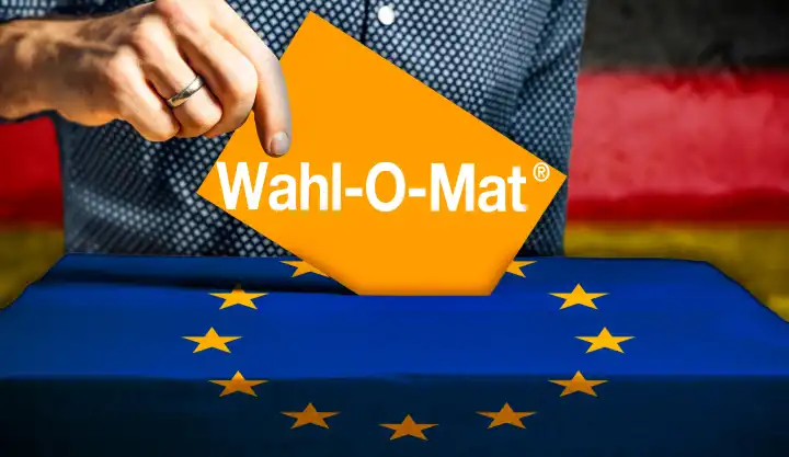 Symbolbild Wahl-O-Mat für die Europawahl 2024. Ein Mann wirft einen Stimmzettel in eine Wahlurne mit dem Wahl O Mat Logo. Informationsangebot der Bundeszentrale für politische Bildung. FOTOMONTAGE
