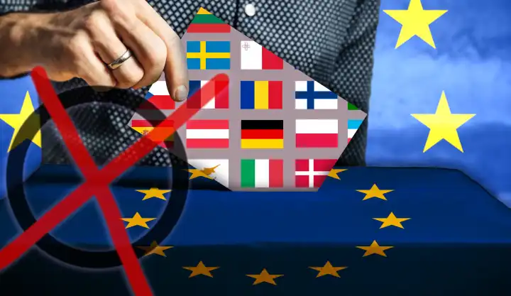 Europawahl 2024, Ein Mann wirft einen Stimmzettel mit verschiedenen Länderflaggen wie Italien, Schweden, Spanien und Deutschland in eine Wahlurne mit EU Flagge. Stimmkreuz. FOTOMONTAGE