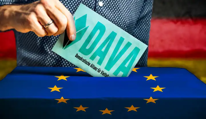 Themenbild Europawahl 2024 in Deutschland: Mann wirft einen Stimmzettel in eine Wahlurne mit Flagge der Europäischen Union. Stimmabgabe für die Partei: DAVA Demokratische Allianz für Vielfalt und Aufbruch. FOTOMONTAGE
