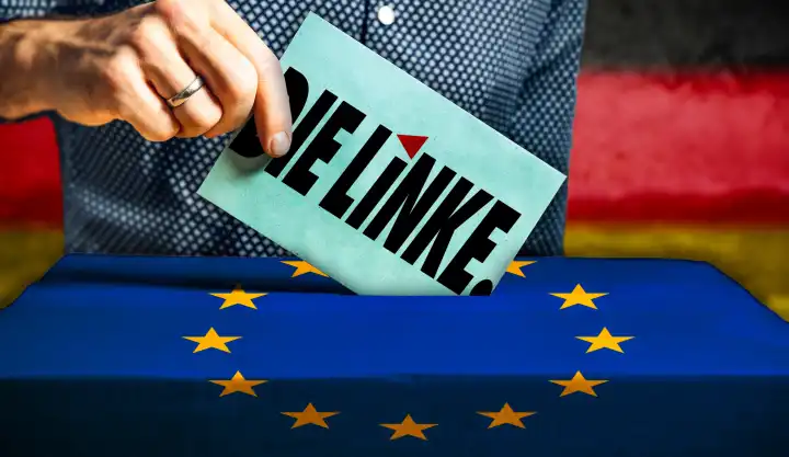 Themenbild Europawahl 2024 in Deutschland: Mann wirft einen Stimmzettel in eine Wahlurne mit Flagge der Europäischen Union. Stimmabgabe für die Partei: Die Linke. FOTOMONTAGE