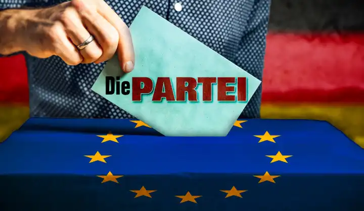 Themenbild Europawahl 2024 in Deutschland: Mann wirft einen Stimmzettel in eine Wahlurne mit Flagge der Europäischen Union. Stimmabgabe für die Partei: Die Partei. FOTOMONTAGE 