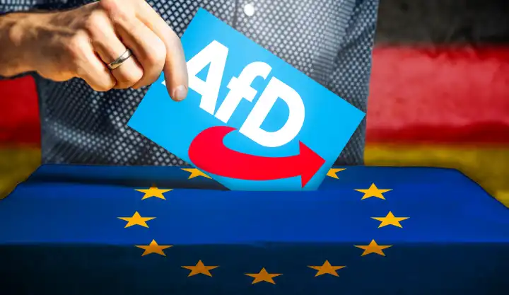 Themenbild Europawahl 2024 in Deutschland: Mann wirft einen Stimmzettel in eine Wahlurne mit Flagge der Europäischen Union. Stimmabgabe für die Partei: AfD Alternative für Deutschland. FOTOMONTAGE