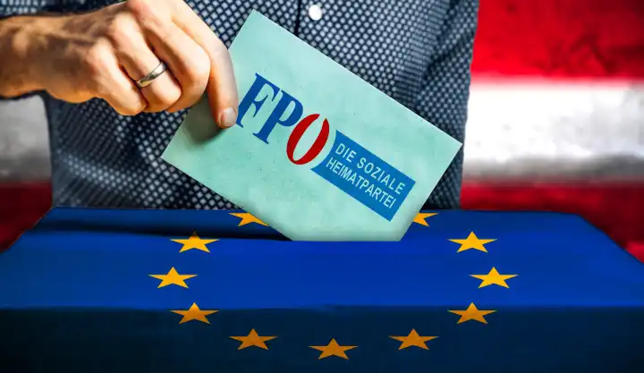 Themenbild Europawahl 2024 in Österreich: Mann wirft einen Stimmzettel in eine Wahlurne mit Flagge der Europäischen Union. Stimmabgabe für die Partei: FPÖ Freiheitliche Partei Österreichs. FOTOMONTAGE