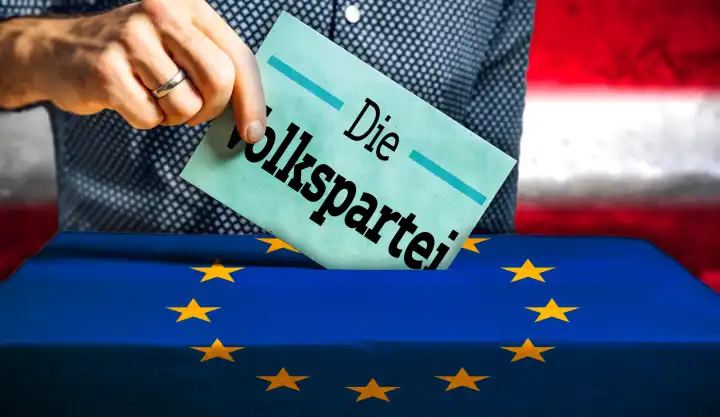 Themenbild Europawahl 2024 in Österreich: Mann wirft einen Stimmzettel in eine Wahlurne mit Flagge der Europäischen Union. Stimmabgabe für die Partei: Die Volkspartei. FOTOMONTAGE 