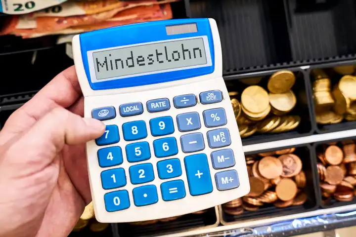 Unternehmer hält einen Taschenrechner mit Aufschrift: Mindestlohn vor eine Kasse mit Bargeld. FOTOMONTAGE