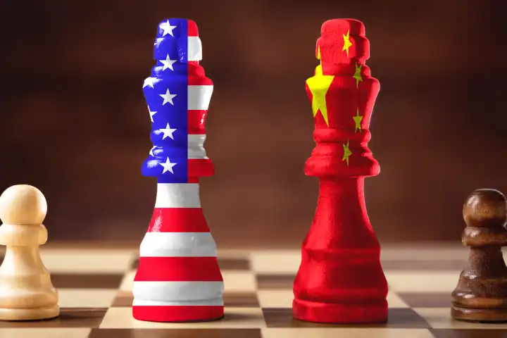 Schachfiguren stehen sich auf einem Spielbrett gegenüber. USA und China Konflikt Symbolbild. FOTOMONTAGE