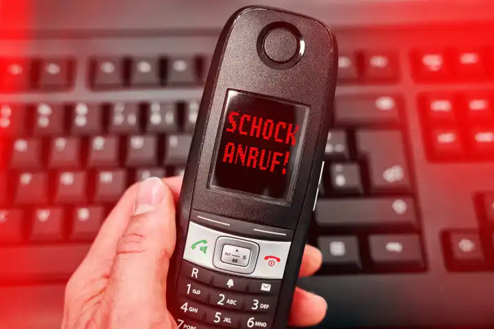 Symbolbild Telefonbetrug und Schockanruf. Ein Mann hält ein schnurloses Telefon vor eine Computer Tastatur mit einem roten Schriftzug: Schockanruf. FOTOMONTAGE