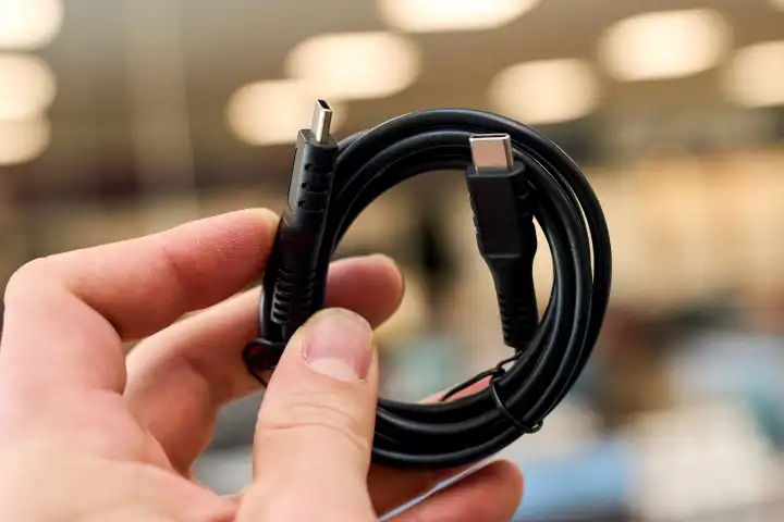 Hand hält ein Lade- und Datenkabel mit USB-C Stecker