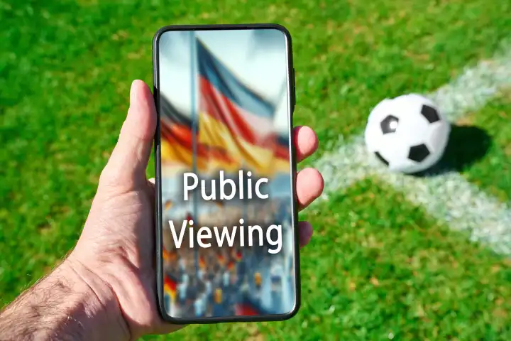 Bavaria, Germany - June 3, 2024: Public Viewing, symbolic image for the European Football Championship 2024. A soccer on the pitch with a man holding a cell phone with the inscription: Public Viewing. PHOTOMONTAGE