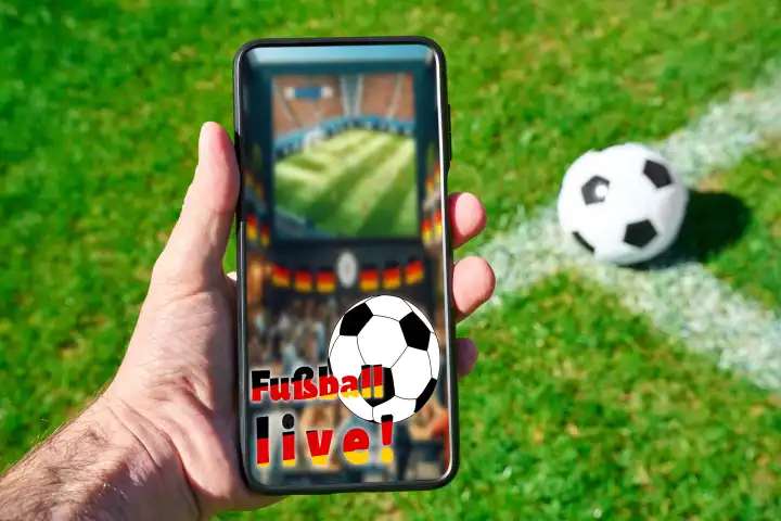 Fußball Live! Schriftzug auf einem Smartphone das ein Mann in der Hand auf einem Fußballplatz vor einen Fußball hält. FOTOMONTAGE 