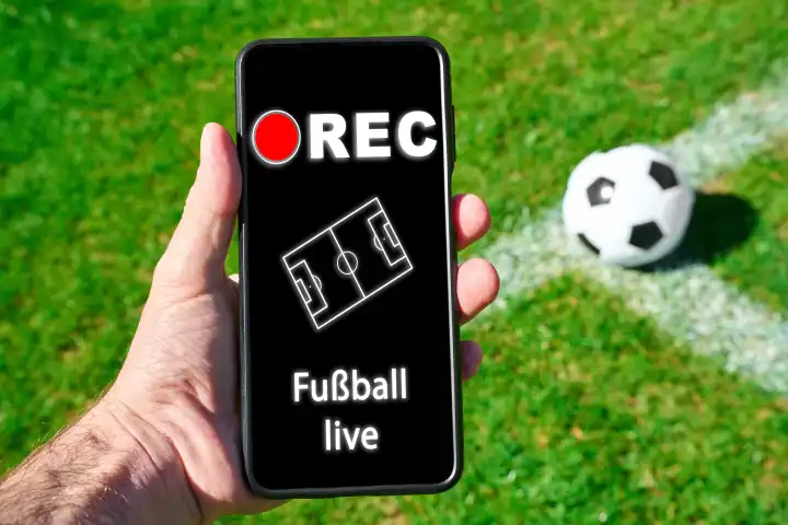 Fußball Live! Schriftzug auf einem Smartphone das ein Mann in der Hand auf einem Fußballplatz vor einen Fußball hält. FOTOMONTAGE 