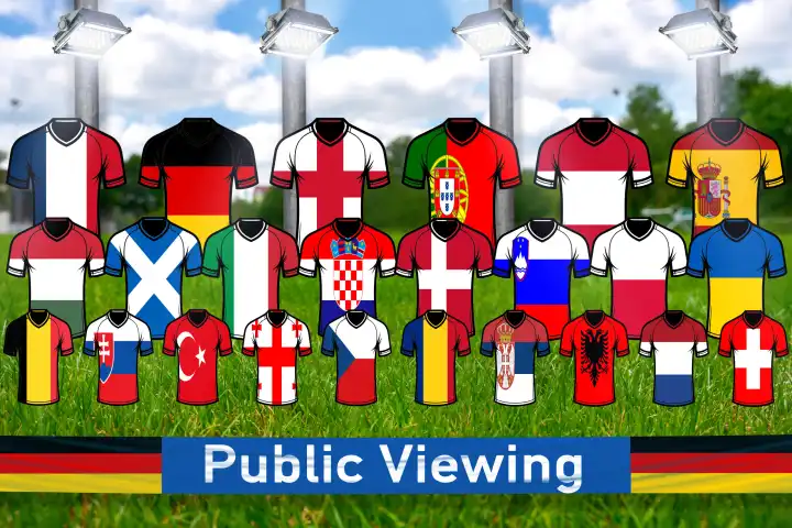 Public Viewing, Fußball Europameisterschaft 2024 Konzept. Trikots auf einem Fußballplatz mit Länderflaggen aller teilnehmenden Nationen und dem Schriftzug: Public Viewing. FOTOMONTAGE