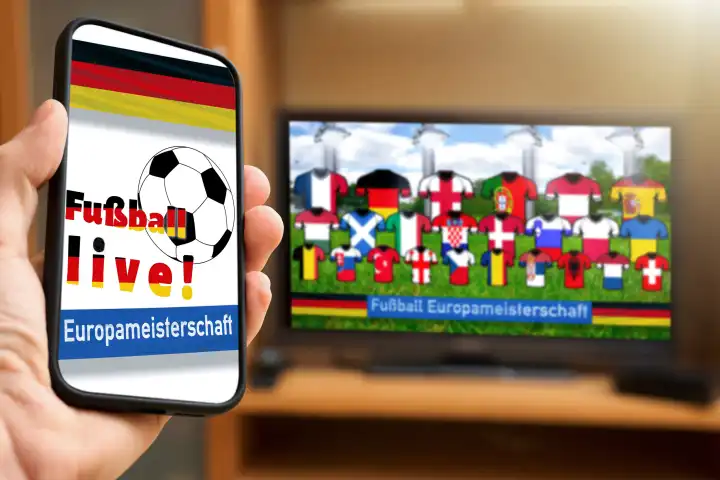 Fußball Europameisterschaft 2024 Live! Schriftzug auf einem Smartphone das ein Mann vor einen Fernseher hält. FOTOMONTAGE